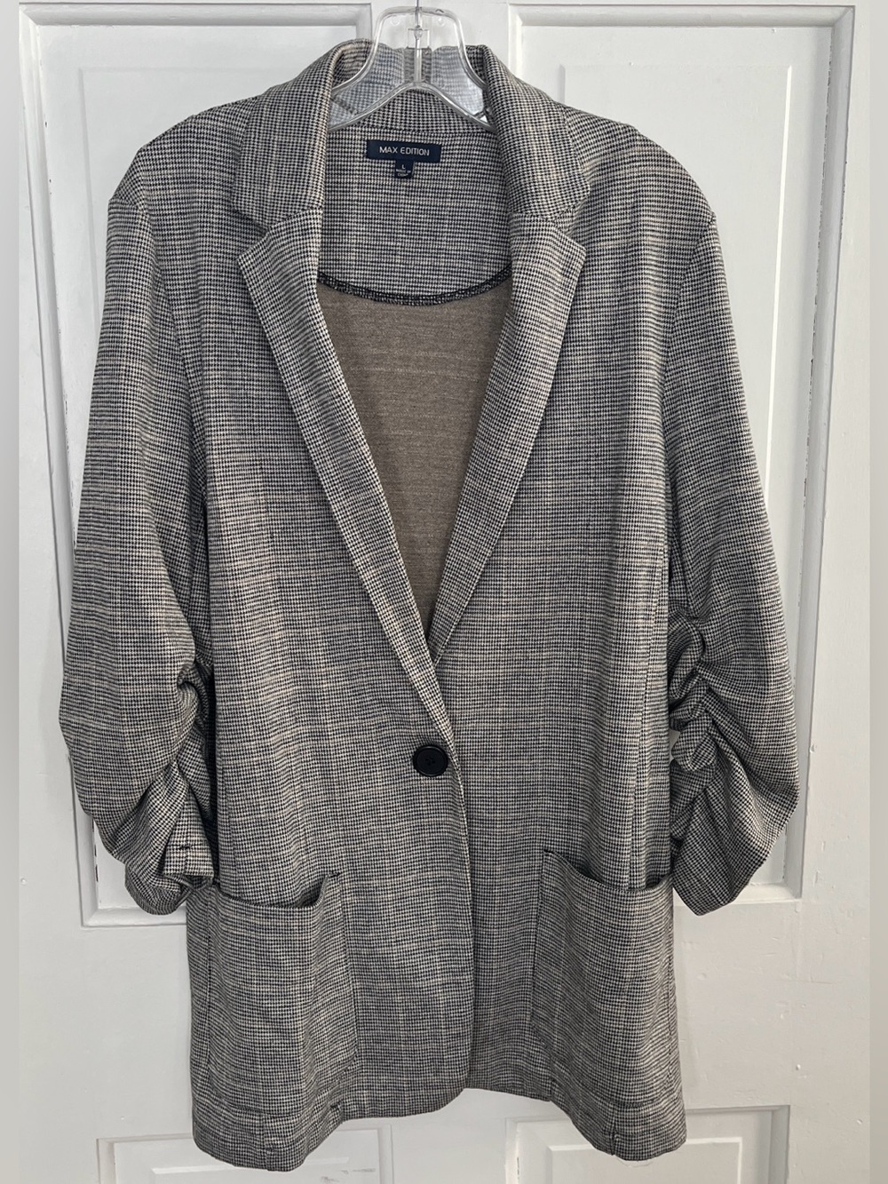 Max Edition L Knit Houndstooth blazer 3/4 Ruched Sides Sleeves Pockets